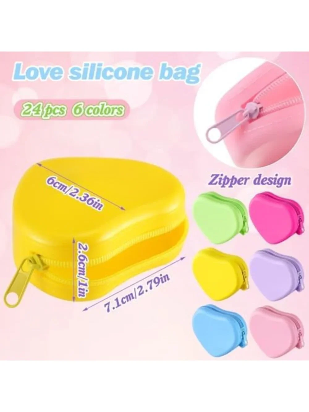 24 Heart Shaped Silicone Coin Pouches - Cute Mini Wallets with Keychain for